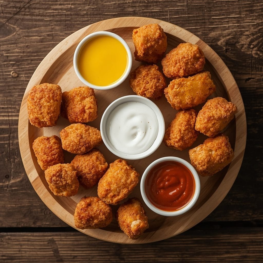 Baked chicken nuggets recipe served with a variety of dipping sauces on a wooden board