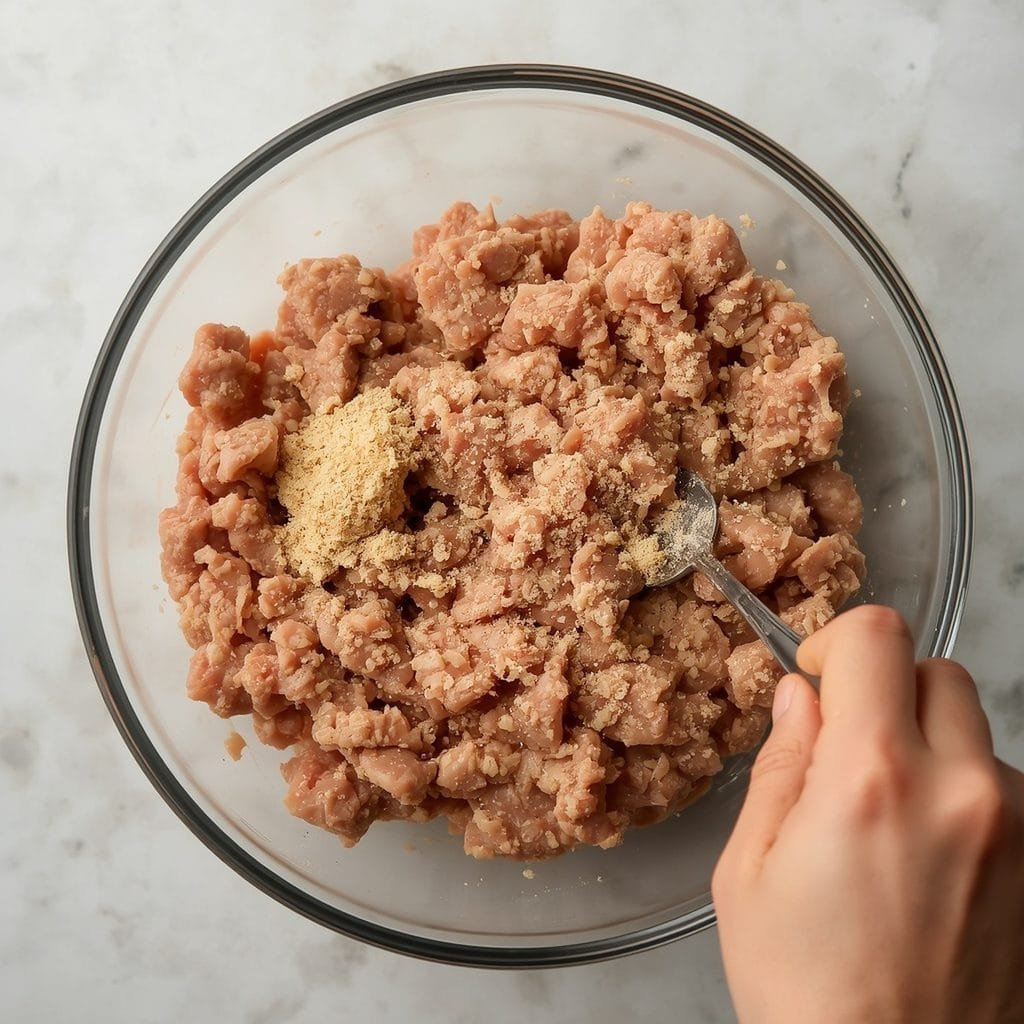 Ground chicken mixture being seasoned in a bowl with breadcrumbs and spices