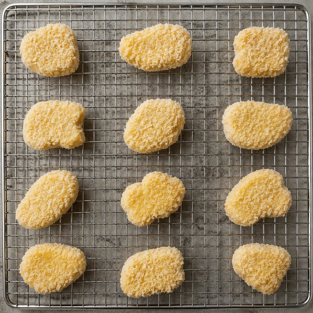 Breaded chicken nuggets arranged on a wire rack over a baking sheet before baking