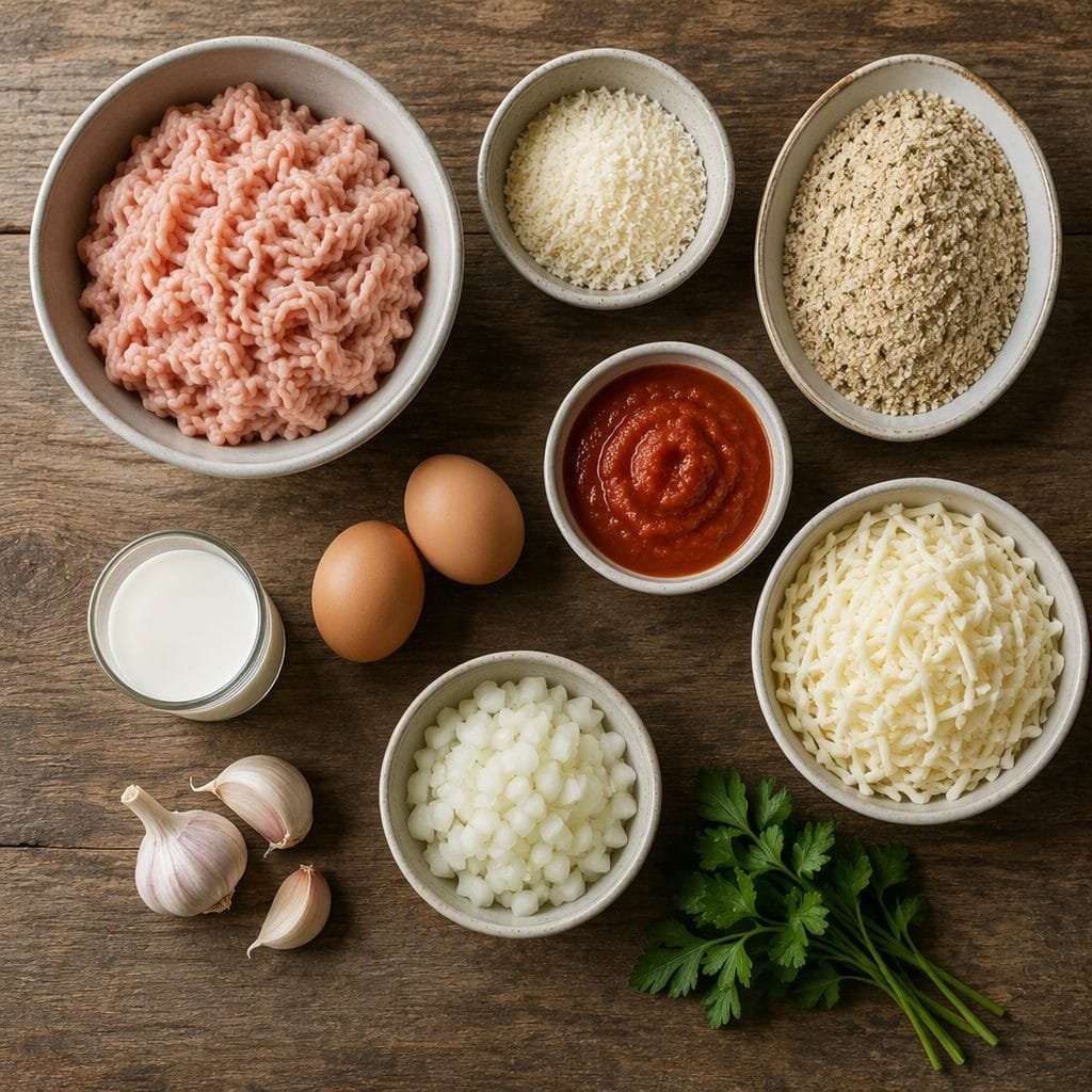 Flat-lay of chicken parm meatloaf ingredients including ground chicken, Parmesan, and marinara