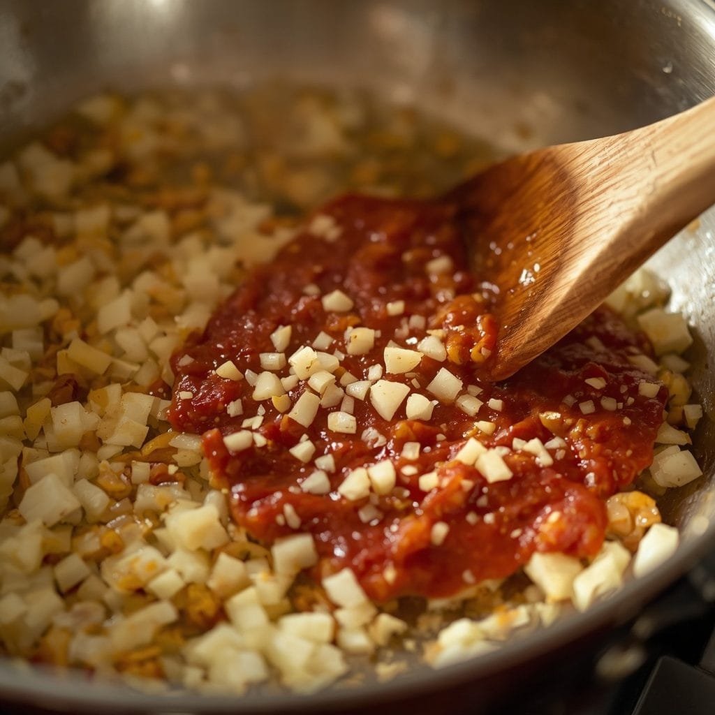 Sautéed garlic, onion, and tomato paste in a skillet for chicken parm meatloaf