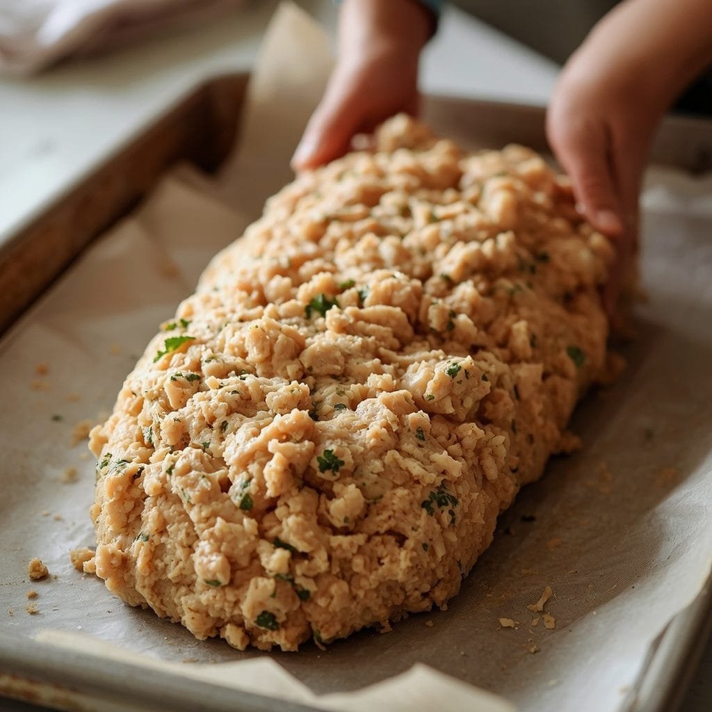 Chicken parm meatloaf mixture shaped into a free-form loaf on a parchment-lined pan