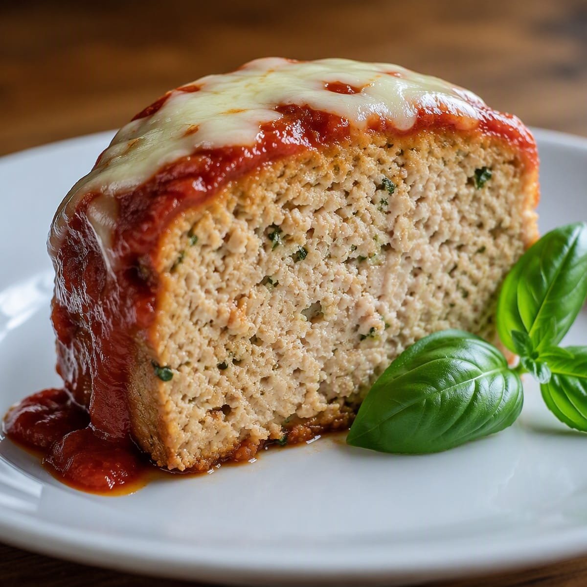 Close-up of a sliced chicken parm meatloaf showing a juicy, tender interior