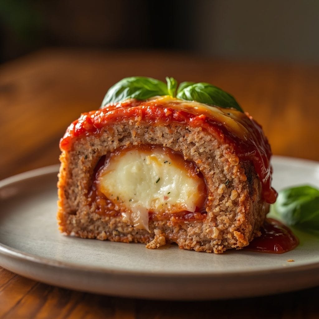 Sliced mozzarella stuffed chicken meatloaf showing a melted cheese center