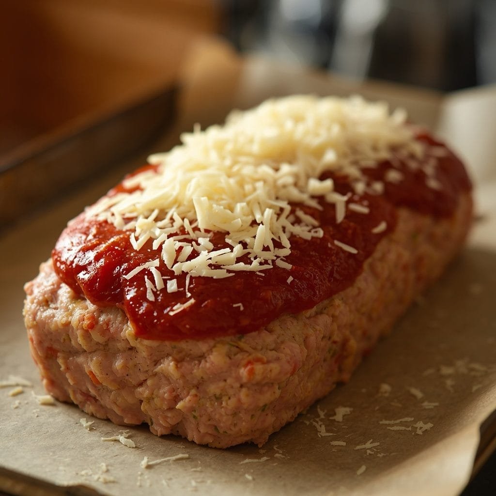Chicken parm meatloaf topped with marinara and shredded mozzarella before its final bake