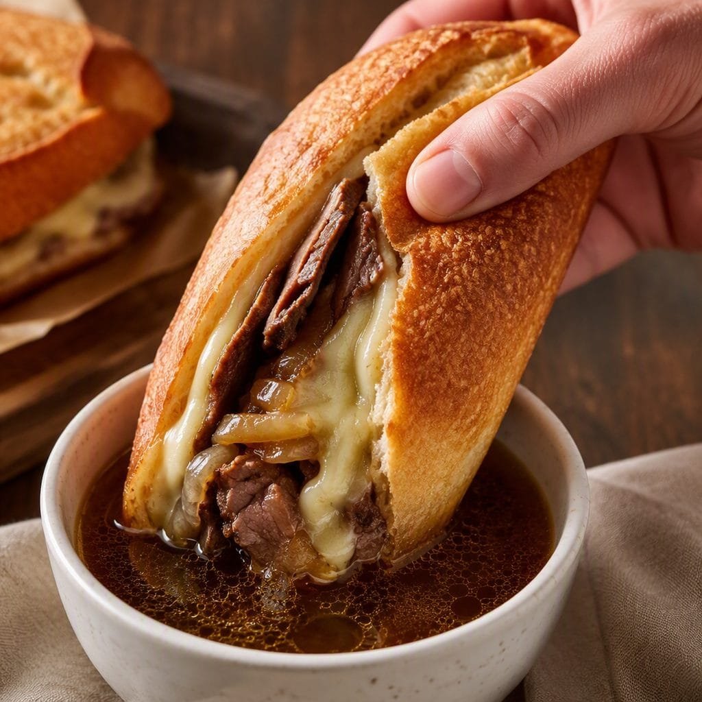 French dip sandwich being dipped into warm homemade au jus
