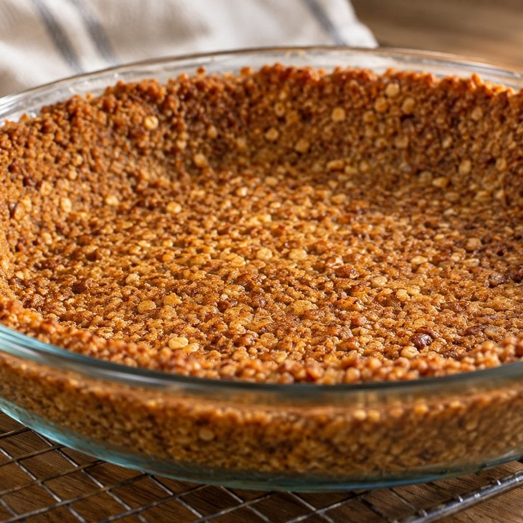 Toasted pecan pie crust cooling before filling