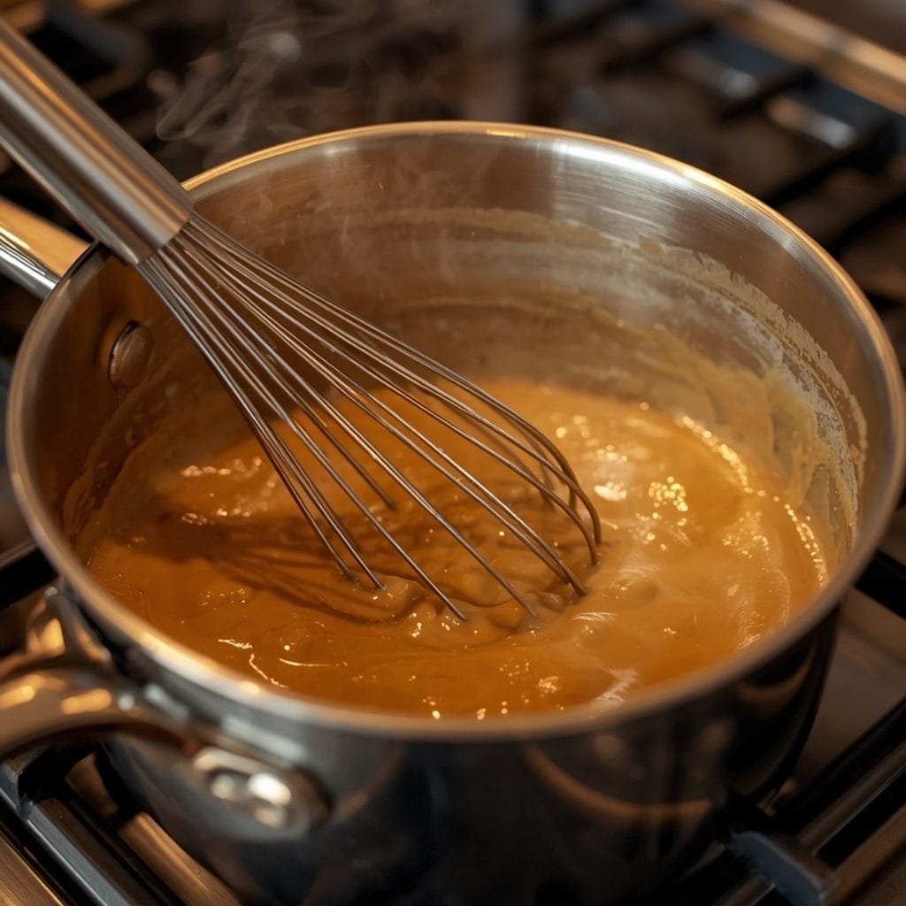 Butterscotch pudding filling cooking in a saucepan