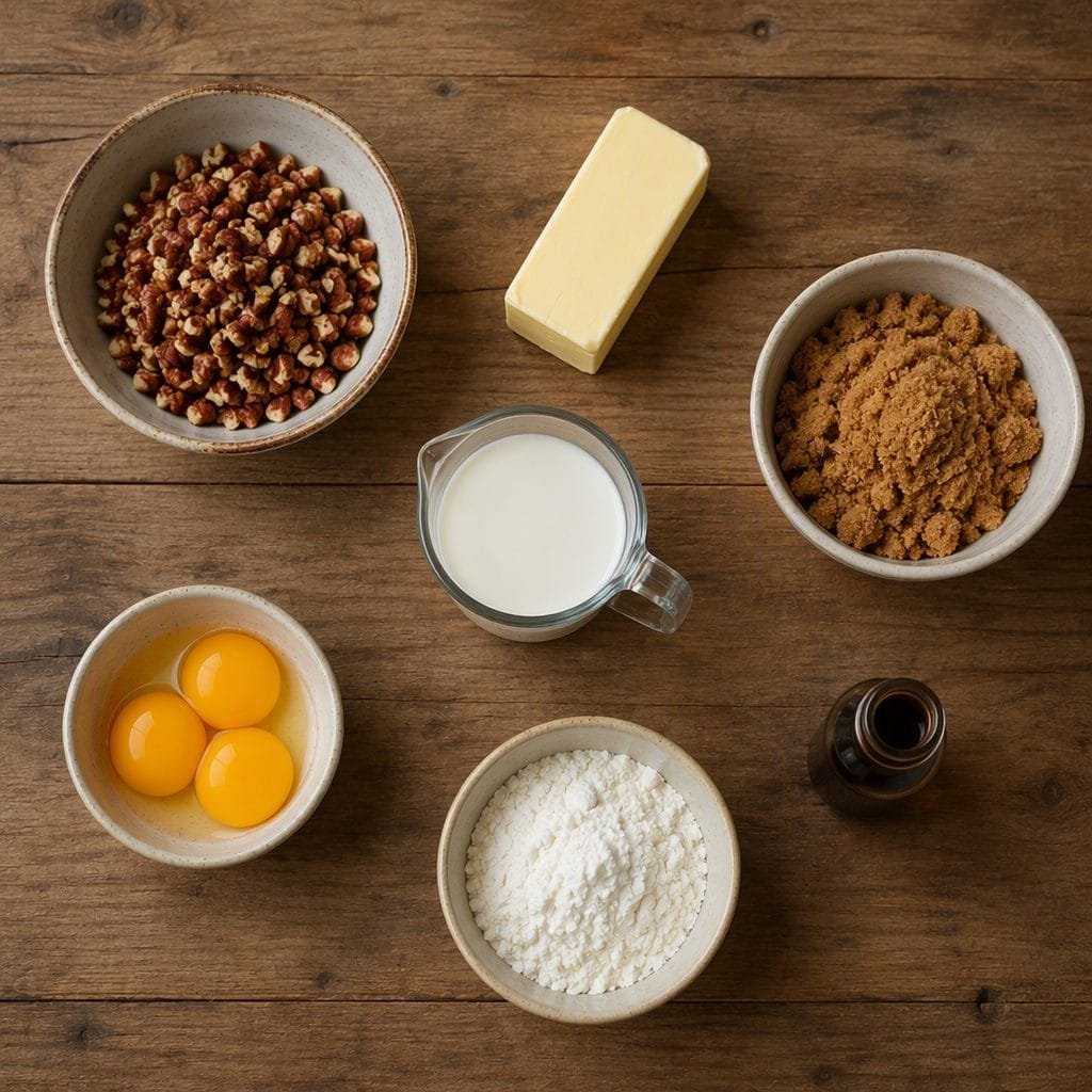 Flat-lay of butterscotch pie ingredients including brown sugar, butter, and pecans