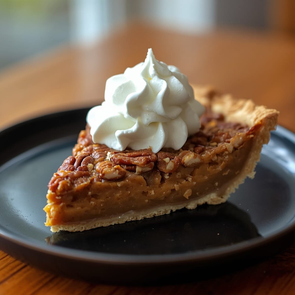 Slice of Dolly Parton's butterscotch pie with whipped cream on a black plate