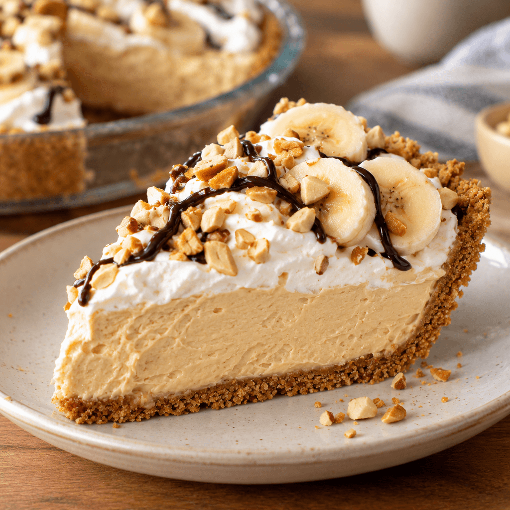 Slice of no-bake peanut butter pie with a graham cracker crust
one of dolly parton pies variation