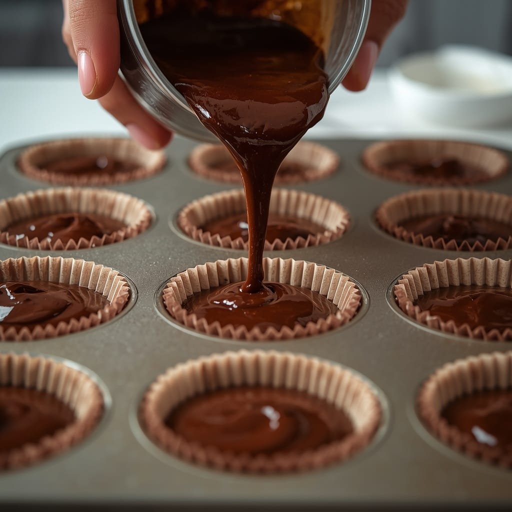 Chocolate cupcake batter being divided into muffin liners