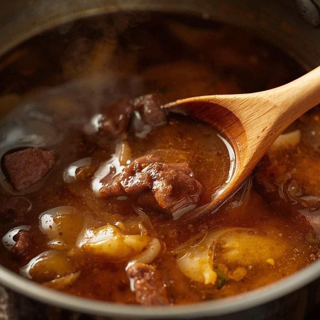 Homemade beef au jus simmering with onions and garlic for French dip