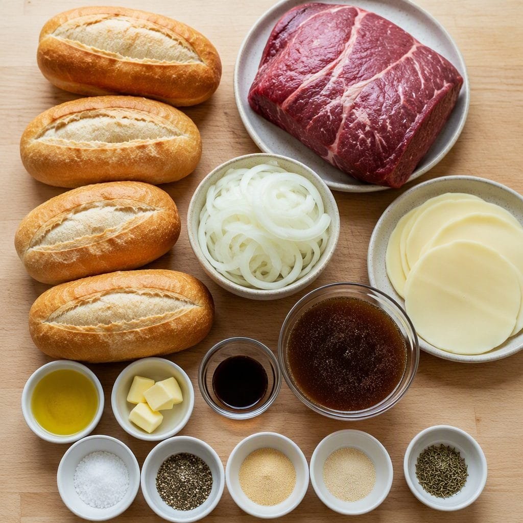 Ingredients for French dip sandwich including beef roast, French rolls, onions, garlic, broth, and provolone