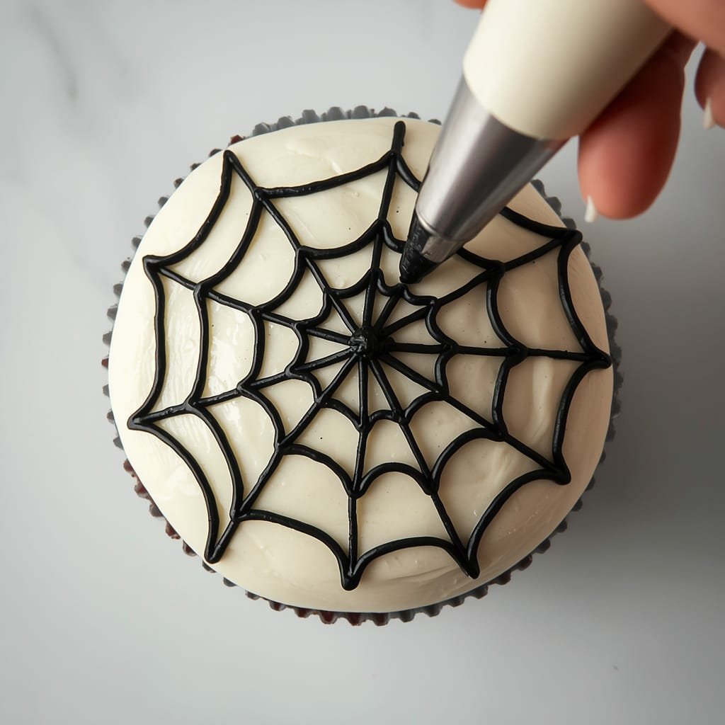 Black icing spider web being piped onto a frosted cupcake