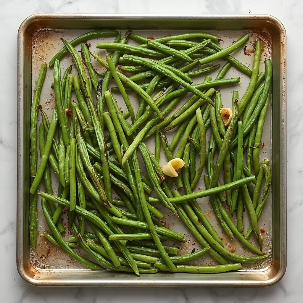 Frozen green beans roasted in the oven until lightly browned