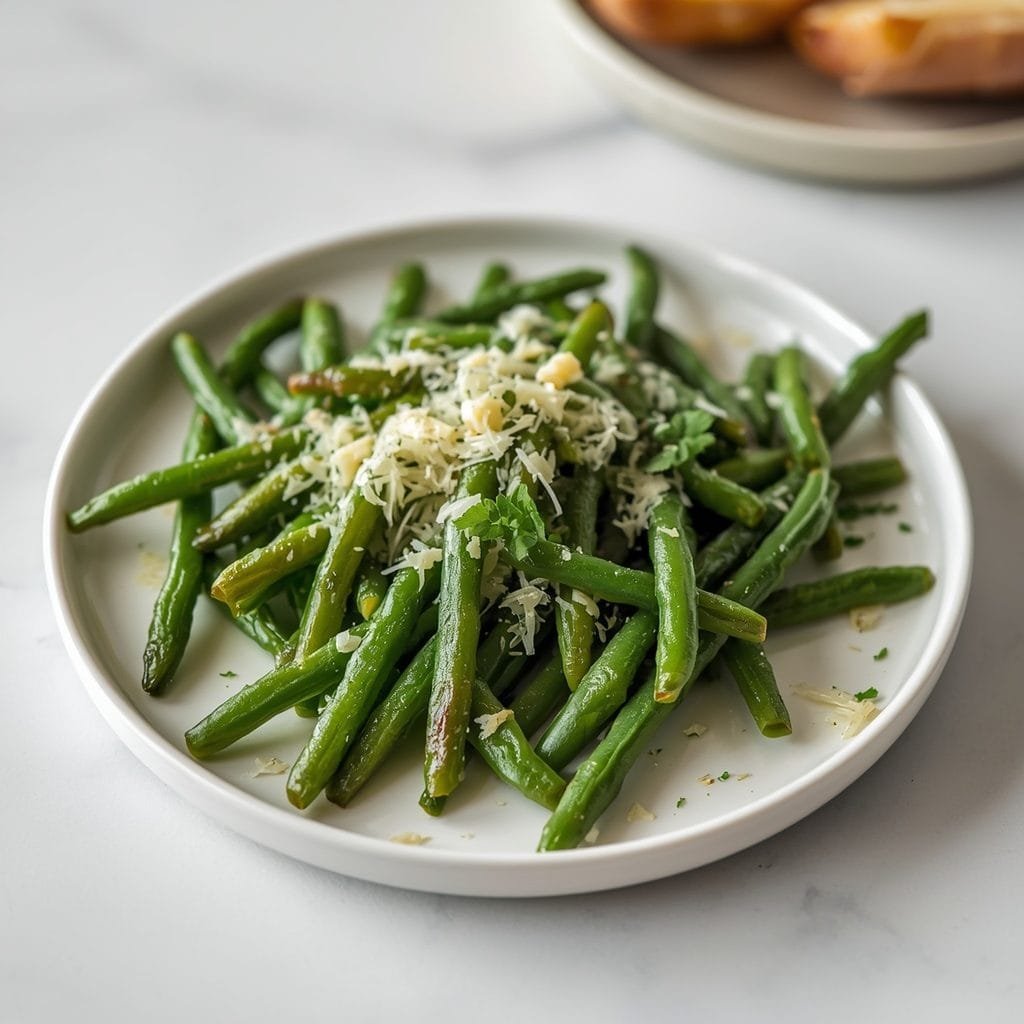 Garlic Parmesan frozen green beans with browned edges