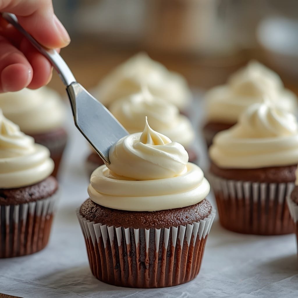Vanilla buttercream being spread over chocolate cupcakes