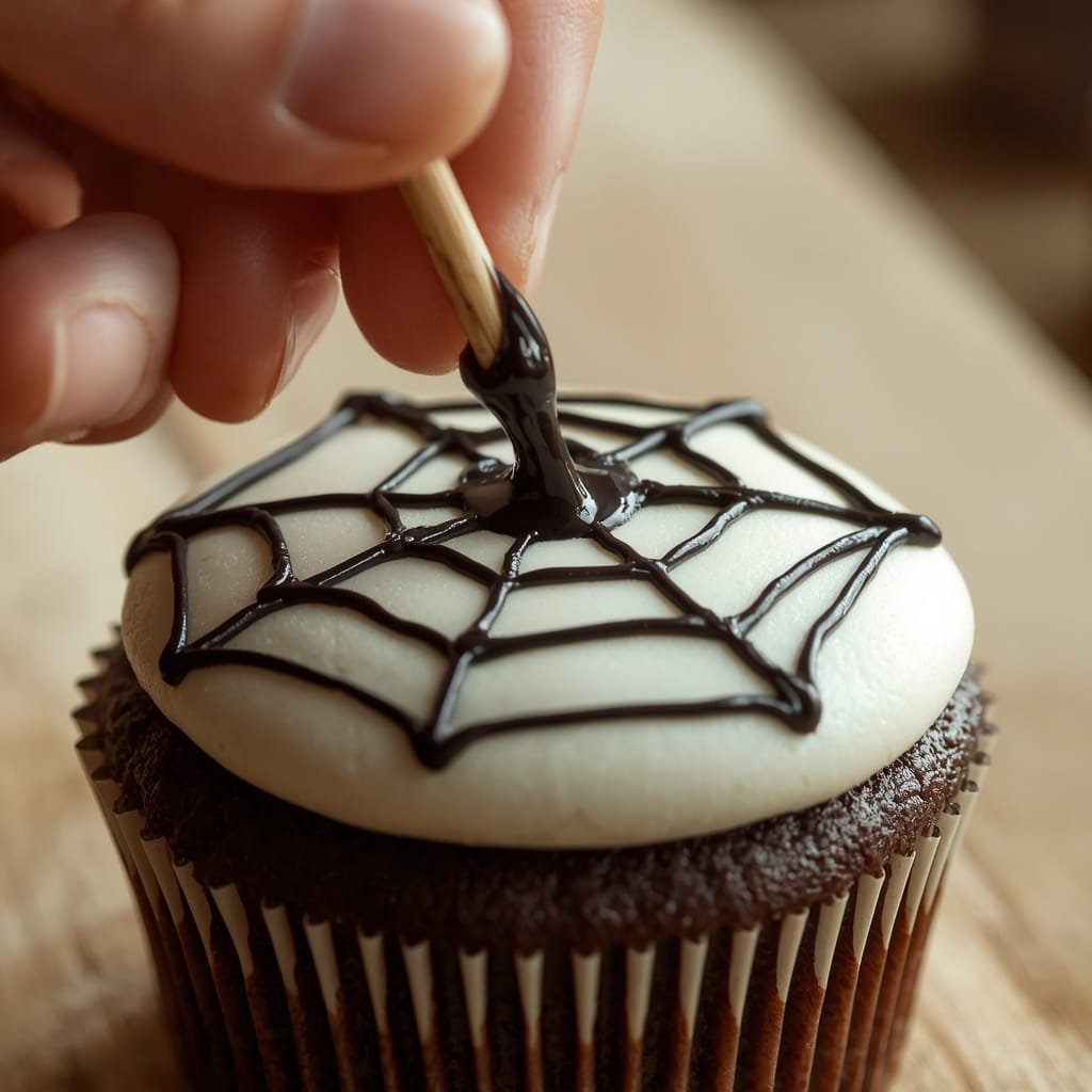 Toothpick used to create a spider web design on a cupcake