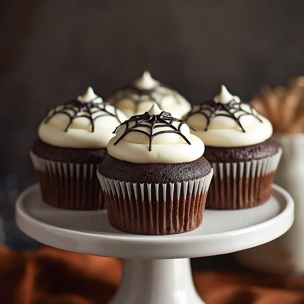 Chocolate spider web cupcakes with vanilla buttercream
