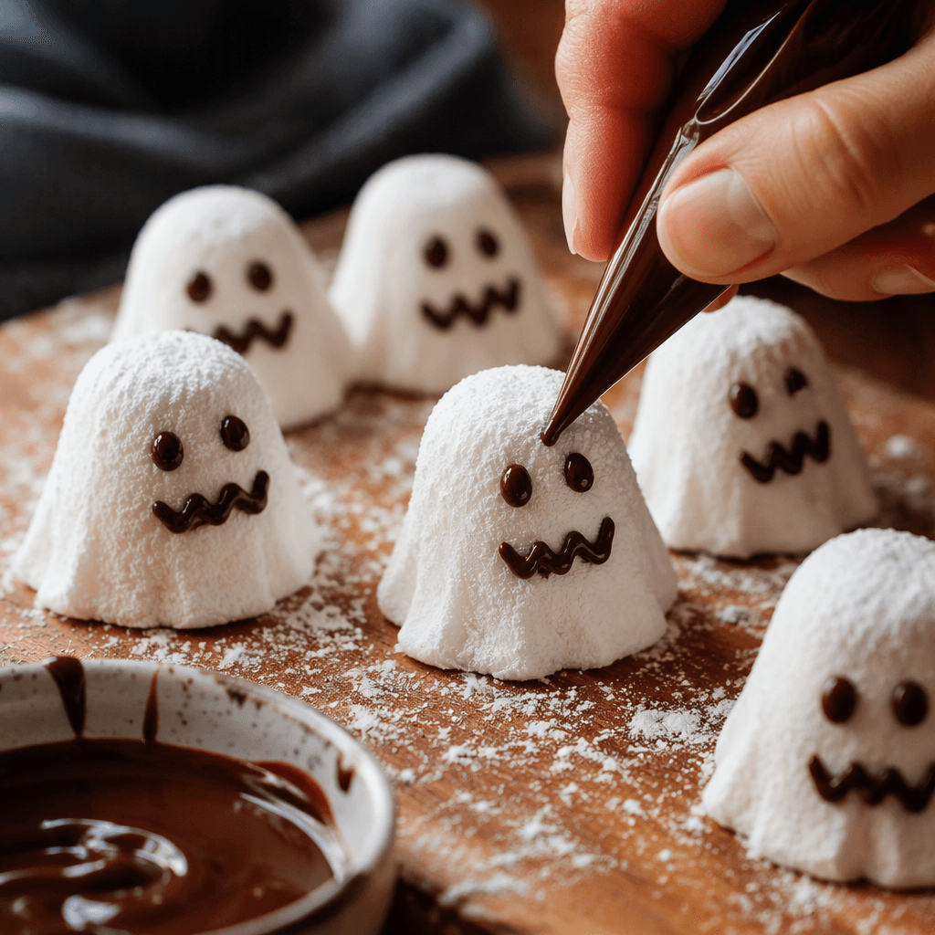 Decorating ghost marshmallows with chocolate eyes and mouths