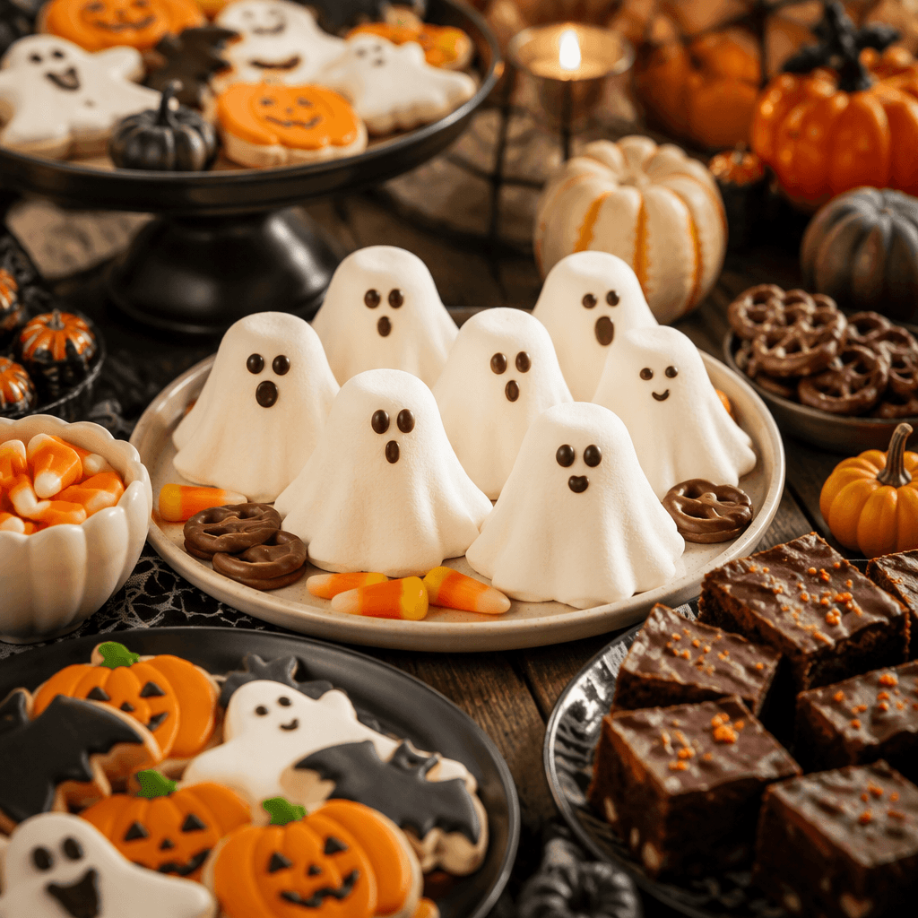 Homemade ghost marshmallows on a Halloween dessert table
