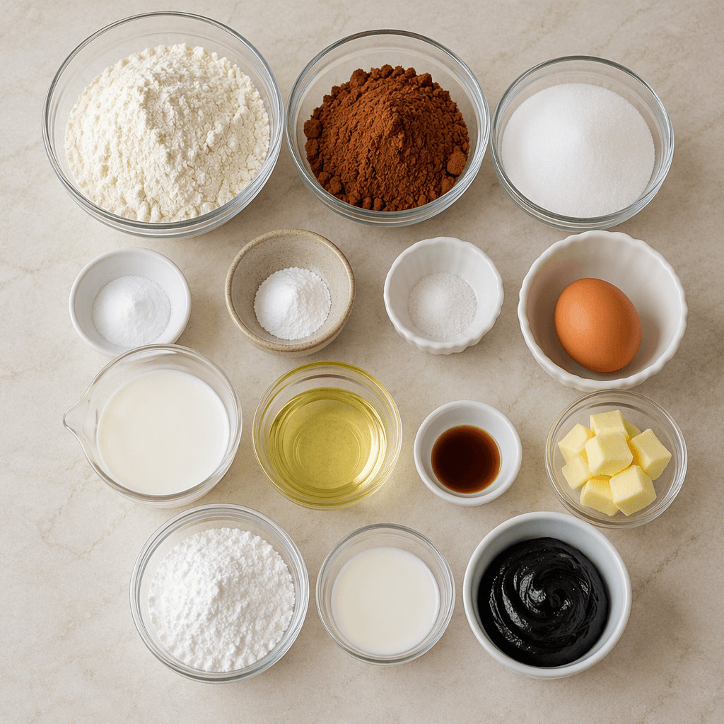 Ingredients for chocolate spider web cupcakes and vanilla buttercream