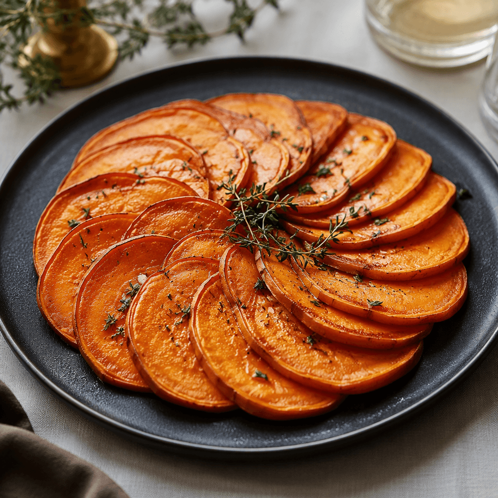 Sweet potato medallions arranged in a fan pattern on a plate