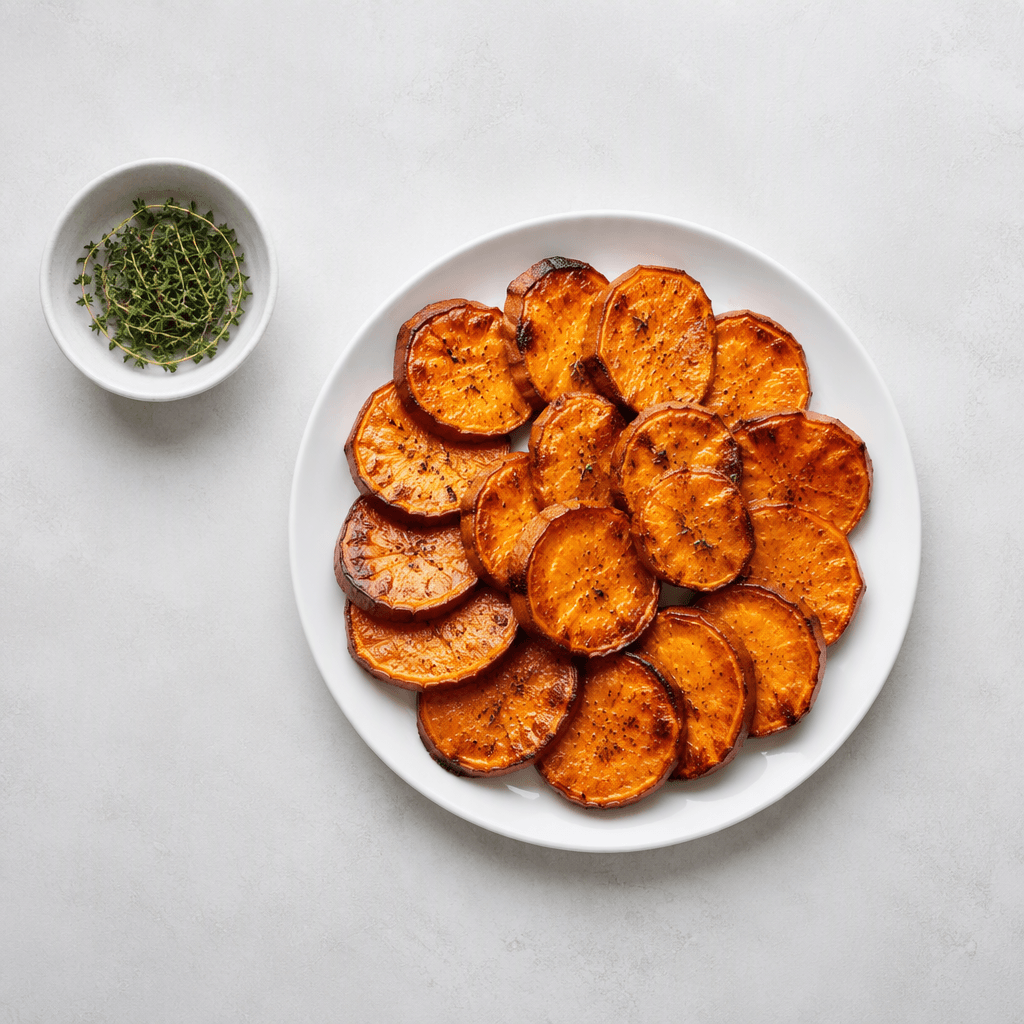 Roasted sweet potato slices recipe card image