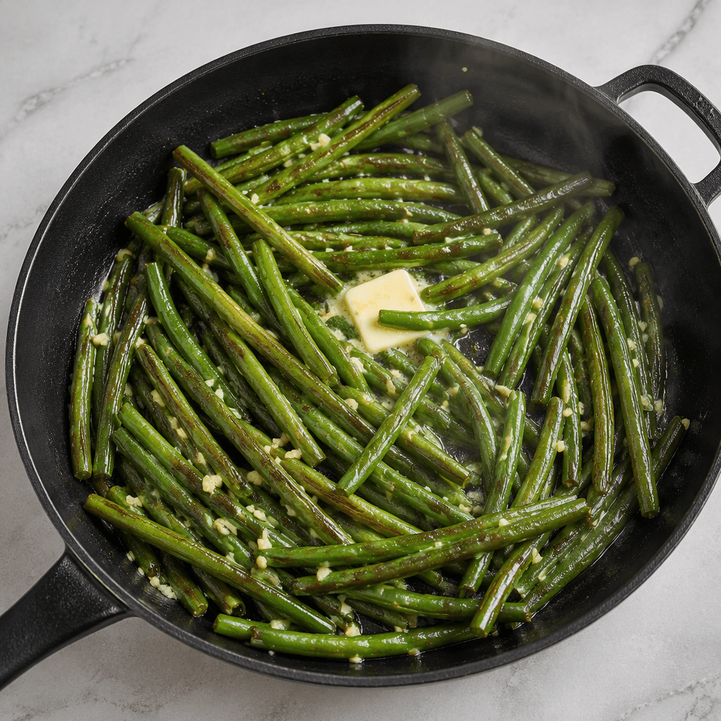 Frozen green beans cooking in a skillet with garlic and butter