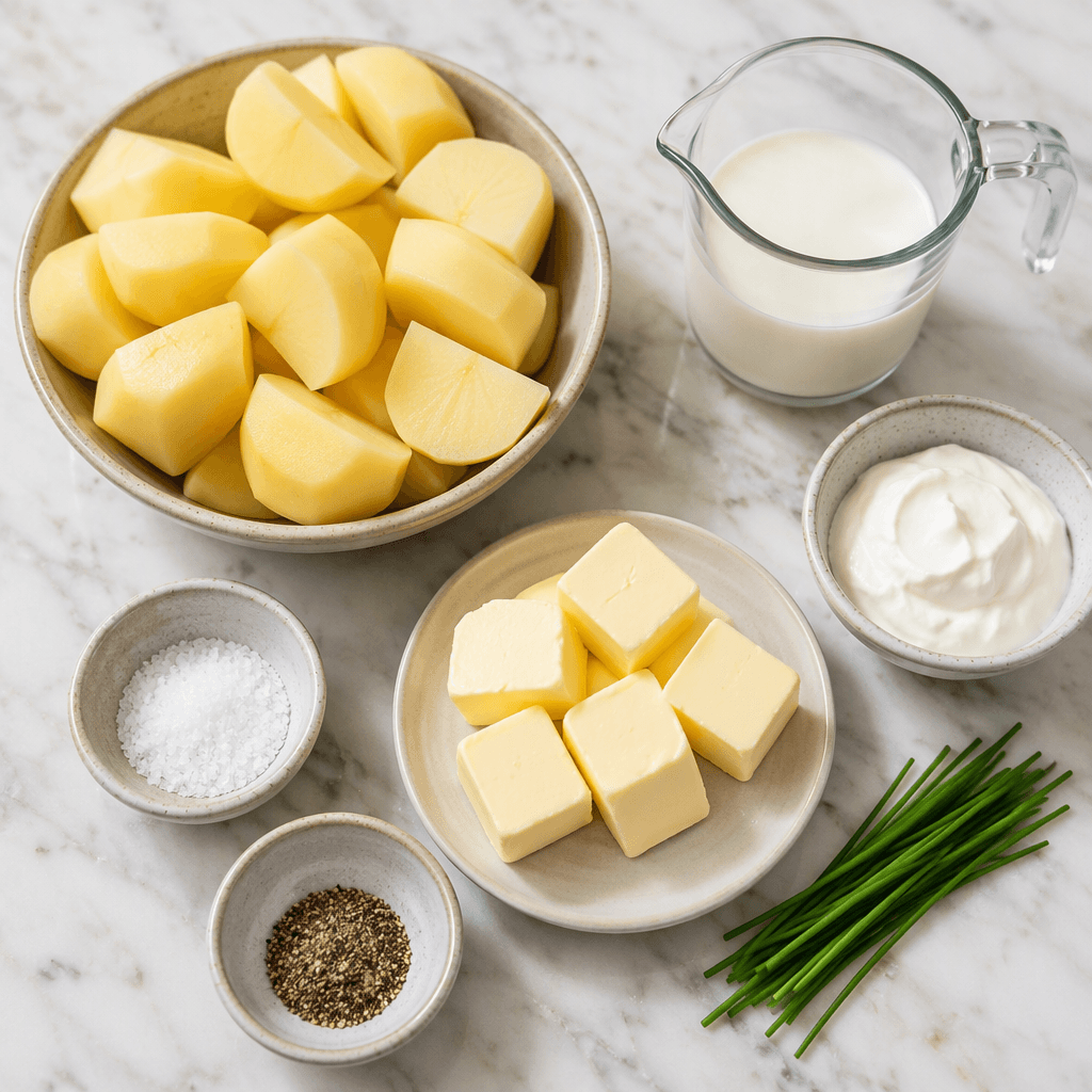 ingredients for homemade mashed potatoes with Yukon Gold potatoes butter milk and sour cream