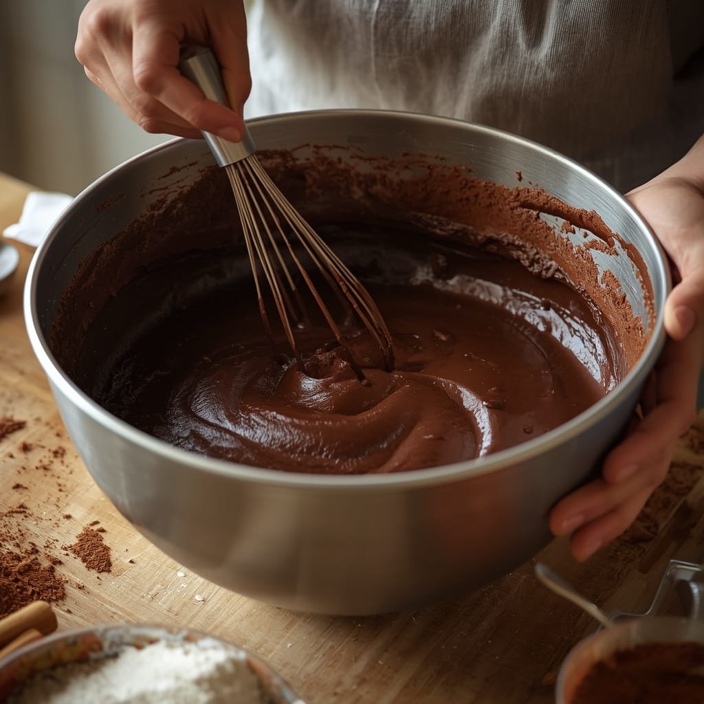 Chocolate cupcake batter being mixed in a bowl