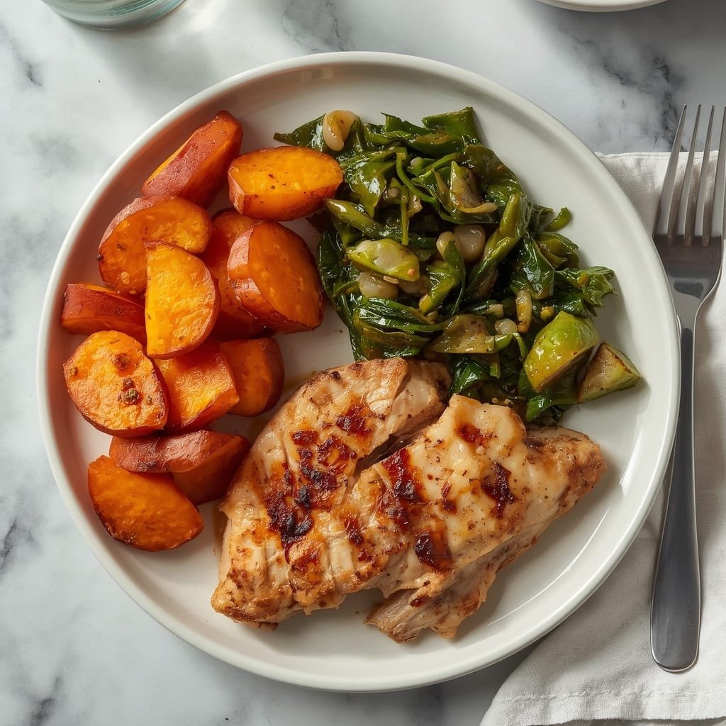 Sweet potatoes recipe  slice served as a side with grilled chicken and greens