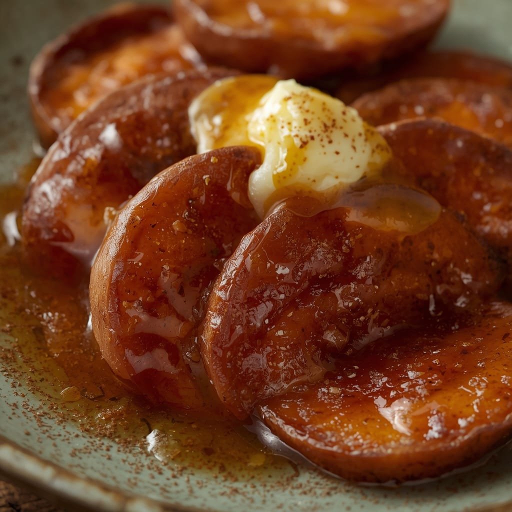 Caramelized sweet potato slices with brown sugar glaze and cinnamon