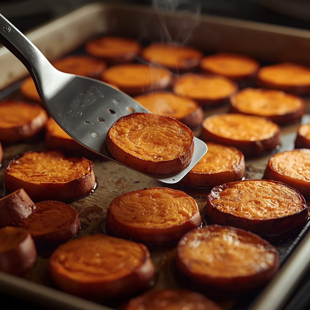 Caramelized baked sweet potato slices fresh out of the oven