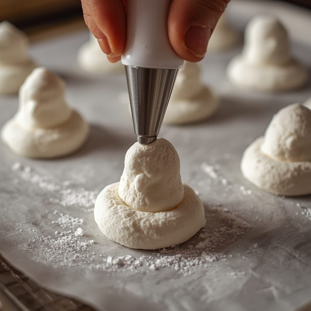 Piping homemade marshmallow mixture into ghost shapes