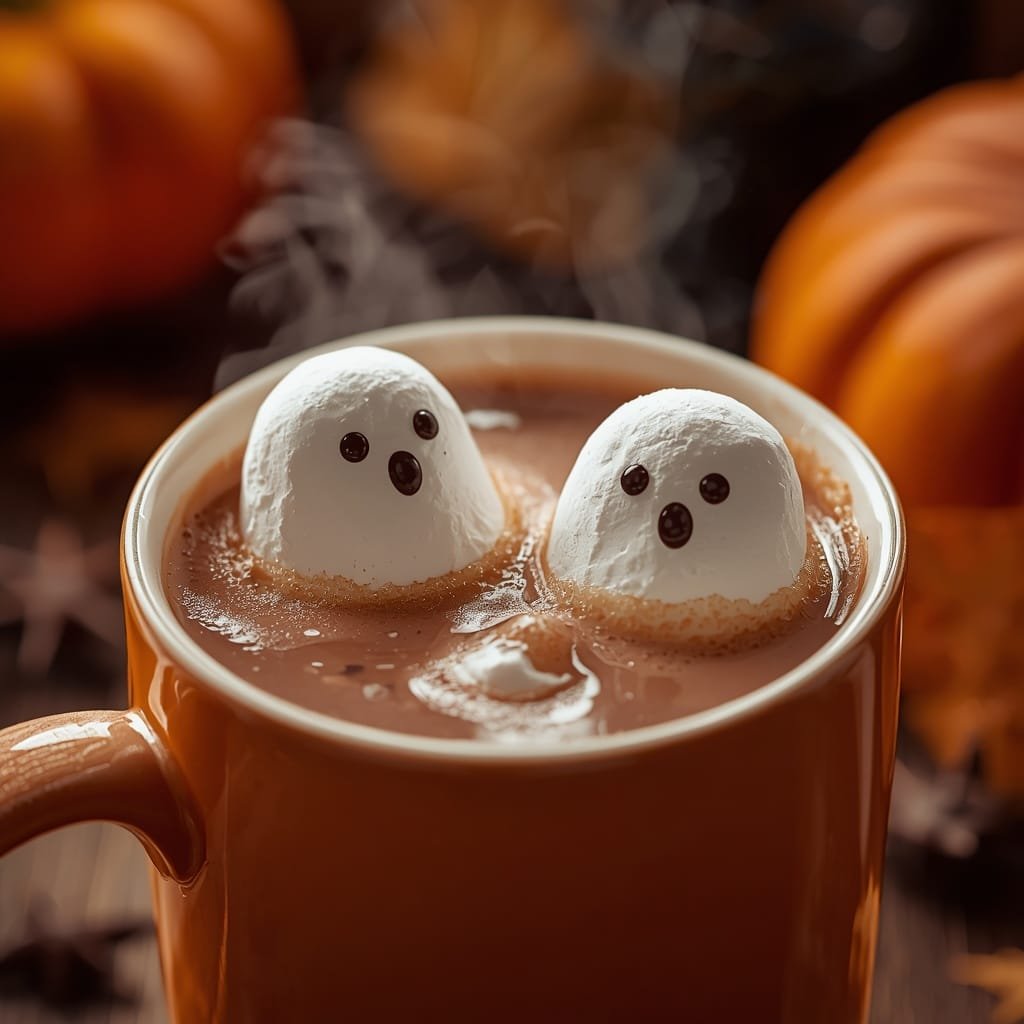 Ghost marshmallows floating on hot chocolate