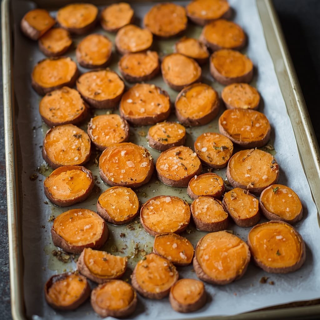 Raw seasoned sweet potato slices arranged on a baking sheet before roasting