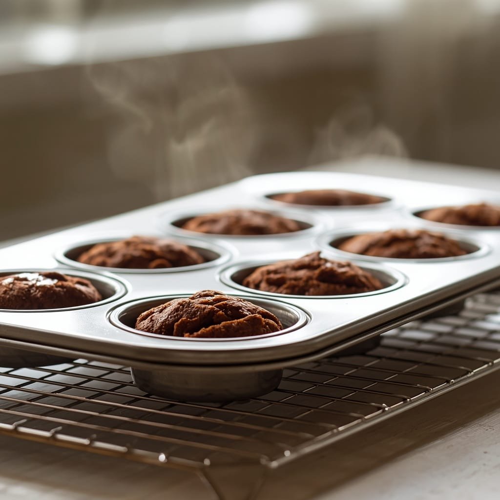 Fresh baked brownie bites cooling in a mini muffin pan on a wire cooling rack