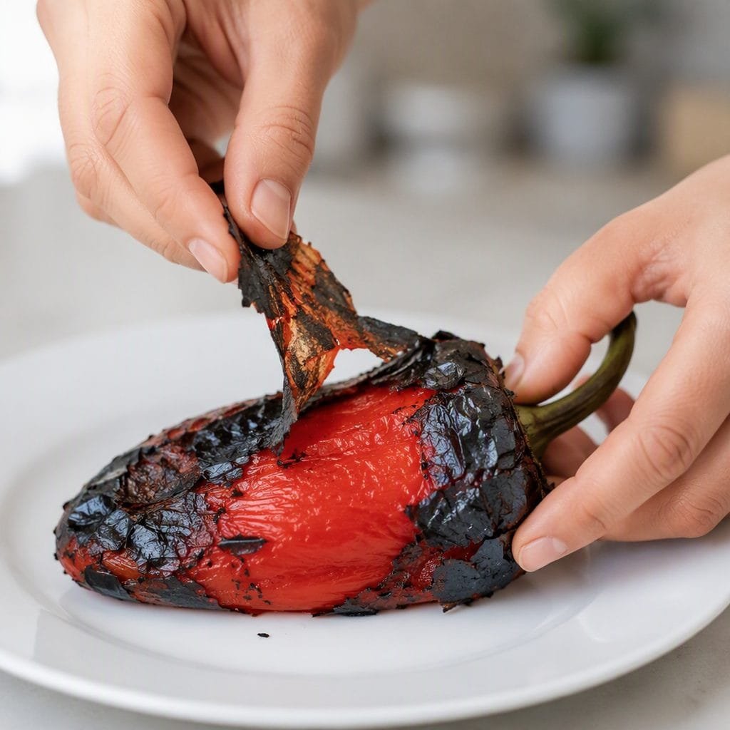 Peeling charred skin off a roasted whole sweet pepper by hand