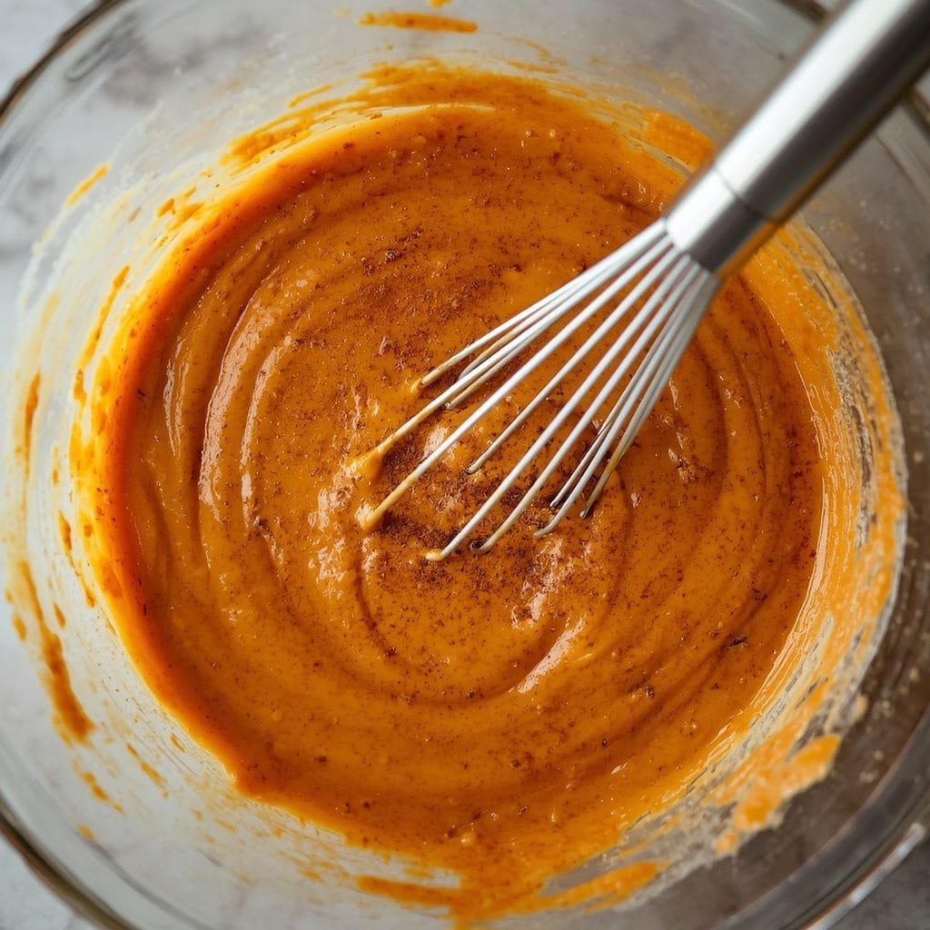 Pumpkin pancake batter being whisked in a glass bowl with visible spice flecks