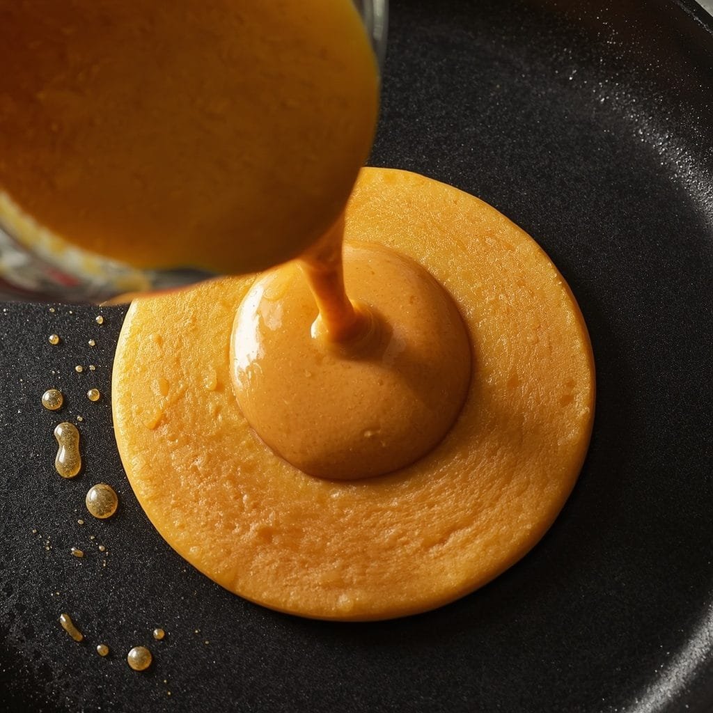 Pancake batter being poured onto a hot griddle