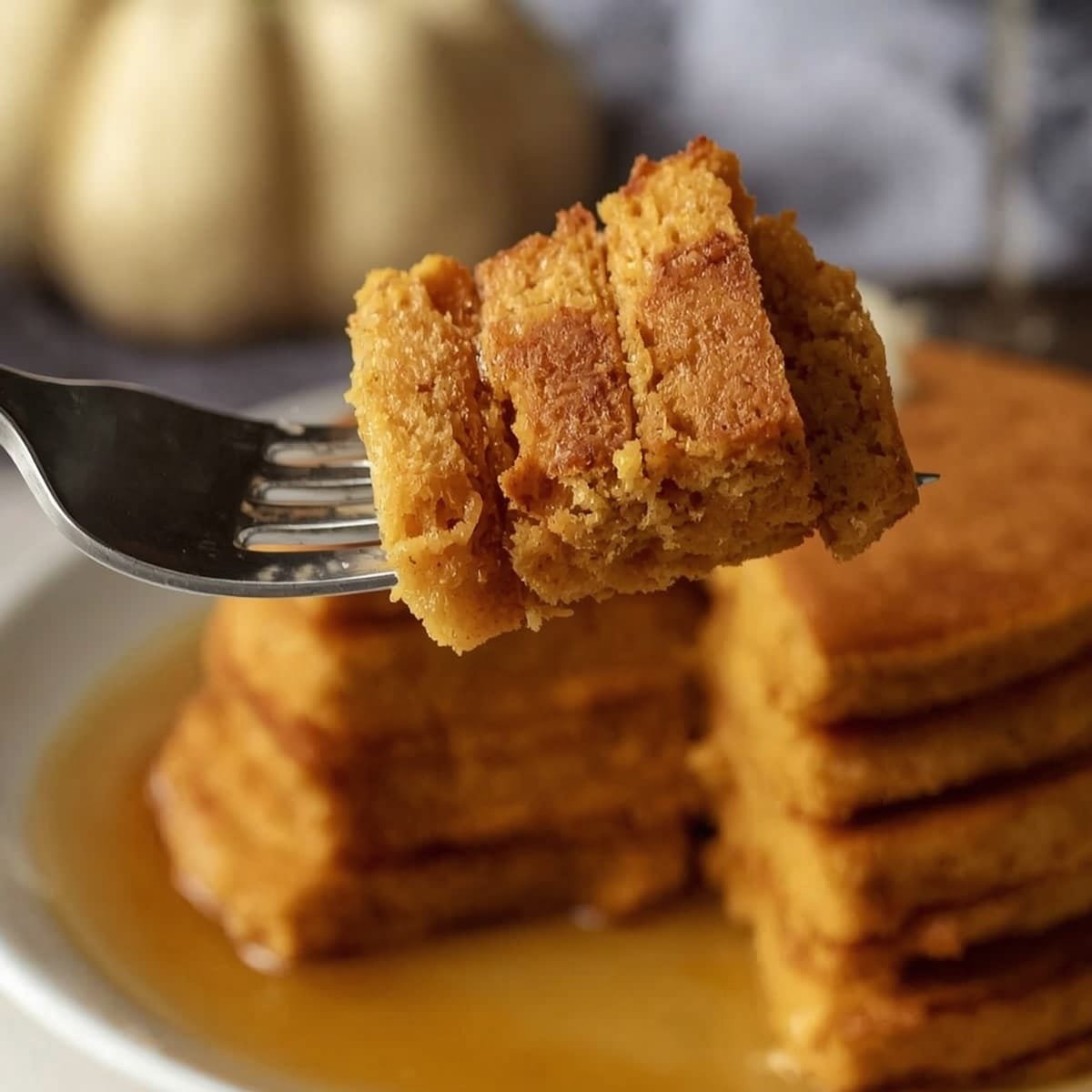 Fork cutting into a stack of pumpkin pancakes showing the fluffy interior