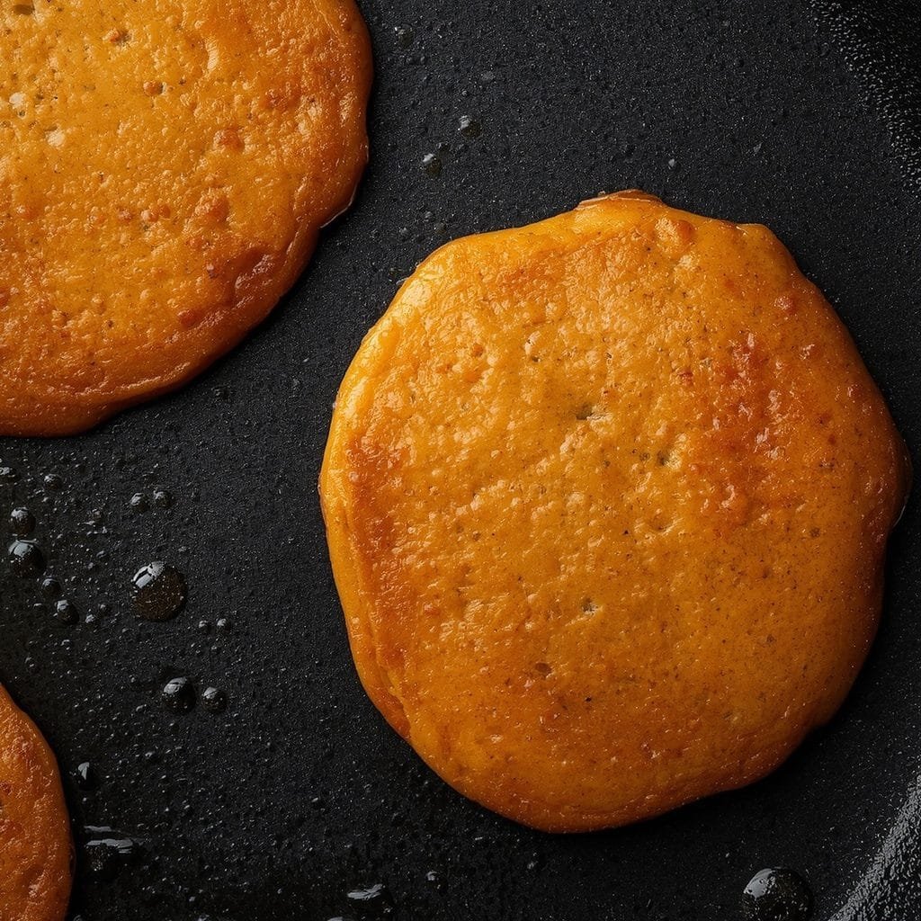 Pumpkin pancakes cooking on the griddle with bubbles forming on the surface