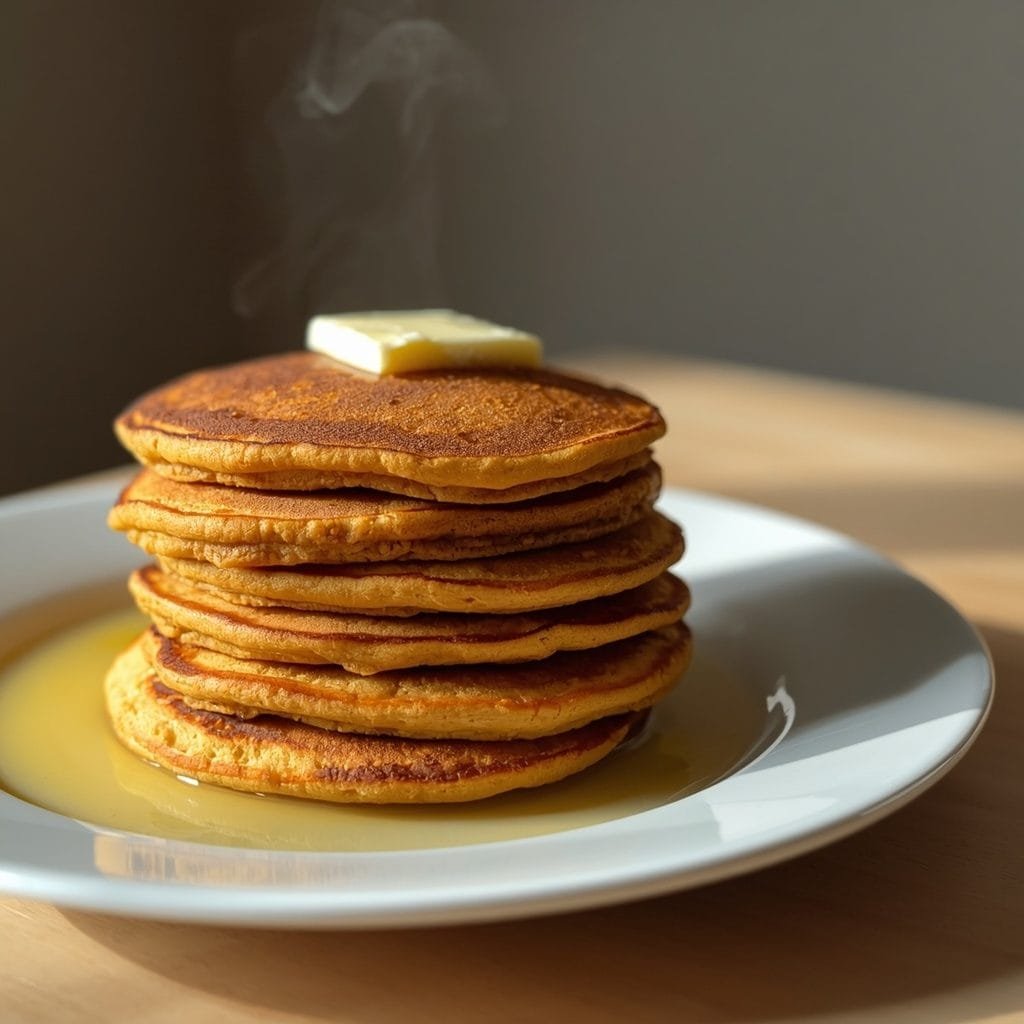 Golden pumpkin pancakes stacked on a plate with butter melting on top