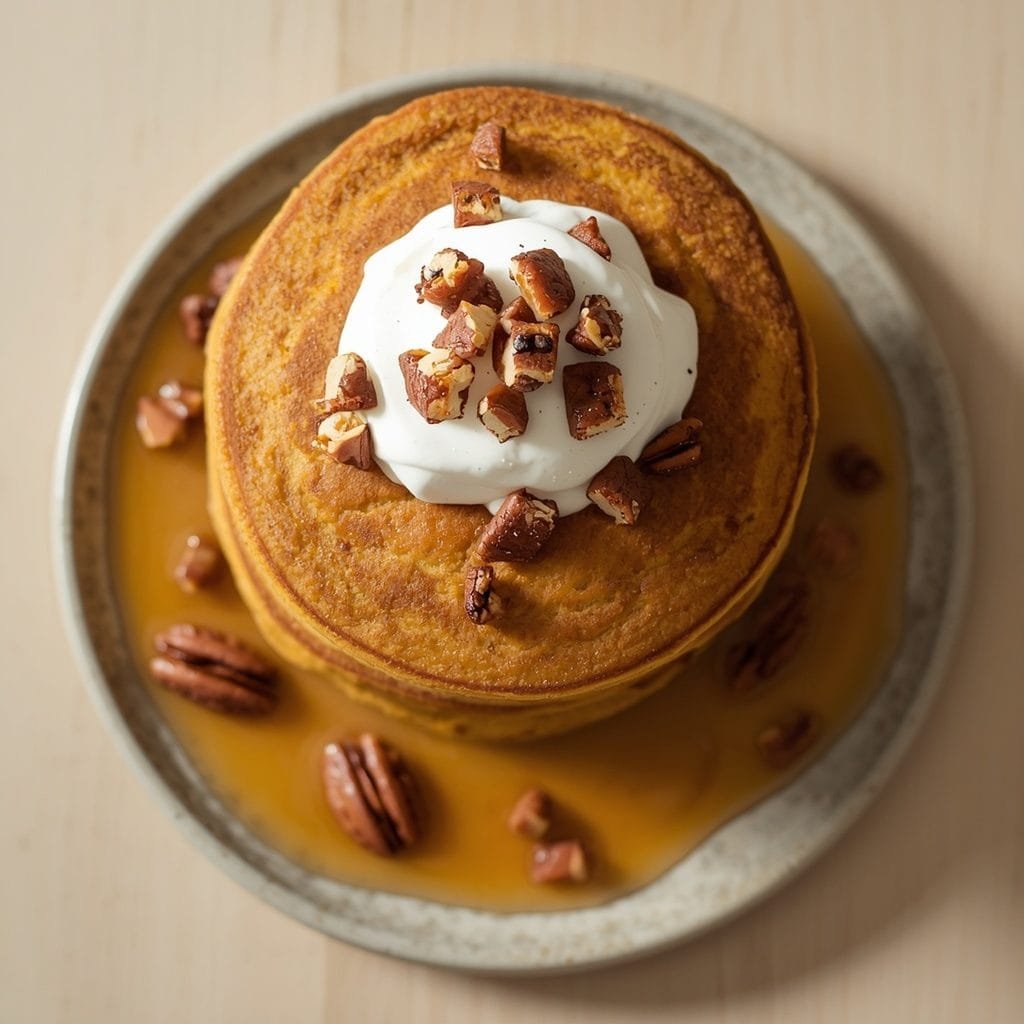 Pumpkin spice pancake recipe served with maple syrup, pecans, and whipped cream