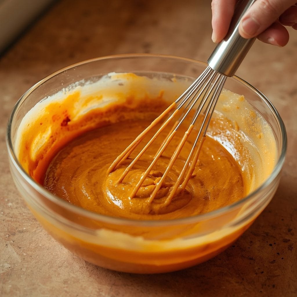 Whisking pumpkin waffle batter in a glass mixing bowl