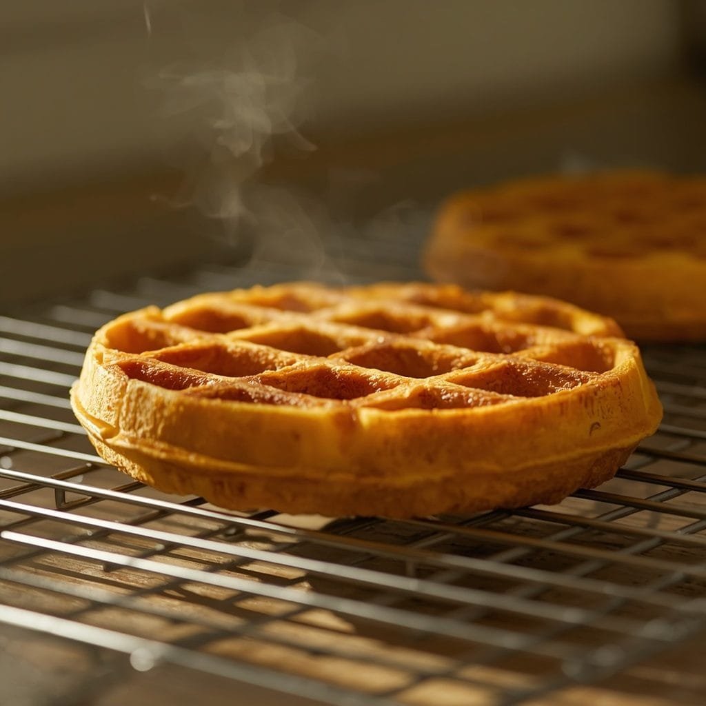 Pumpkin Waffles Recipe – Cooling on a Wire Rack Golden pumpkin waffle resting on a wire cooling rack