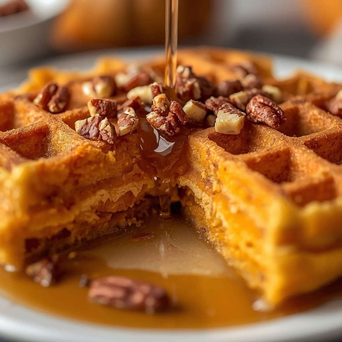 Close-up of a pumpkin waffle cut open showing the fluffy interior, drizzled with syrup