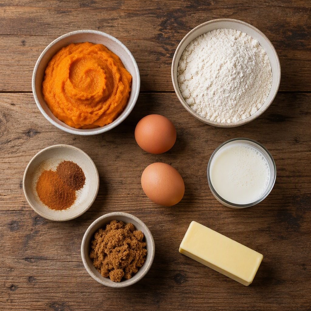 Ingredients for a pumpkin waffles recipe: pumpkin puree, flour, eggs, and spices laid out on a wooden board